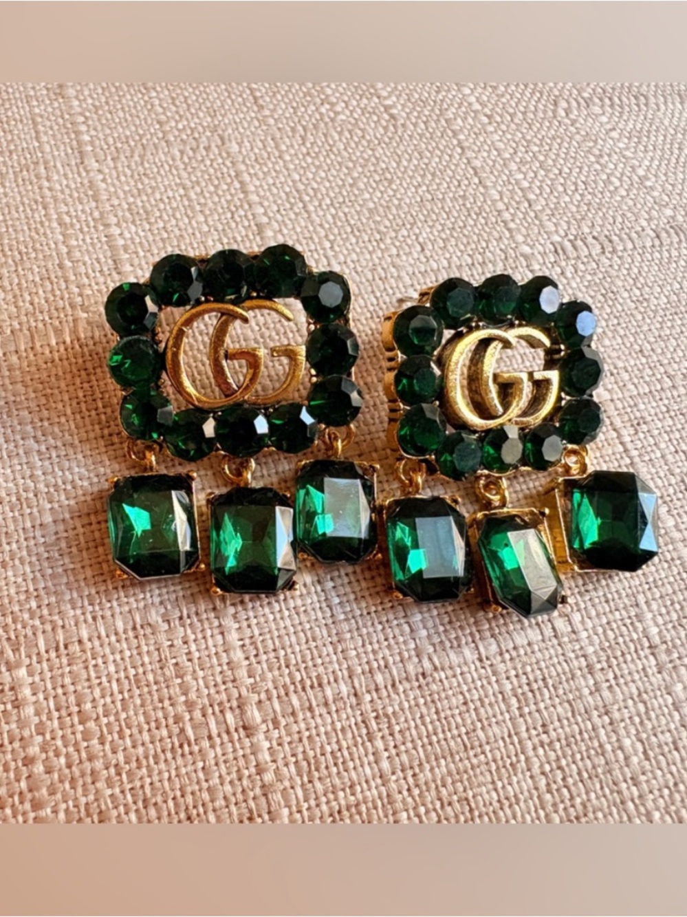 Gucci Gold Double G Emerald Crystal Drop Earrings - Picture 3 of 4